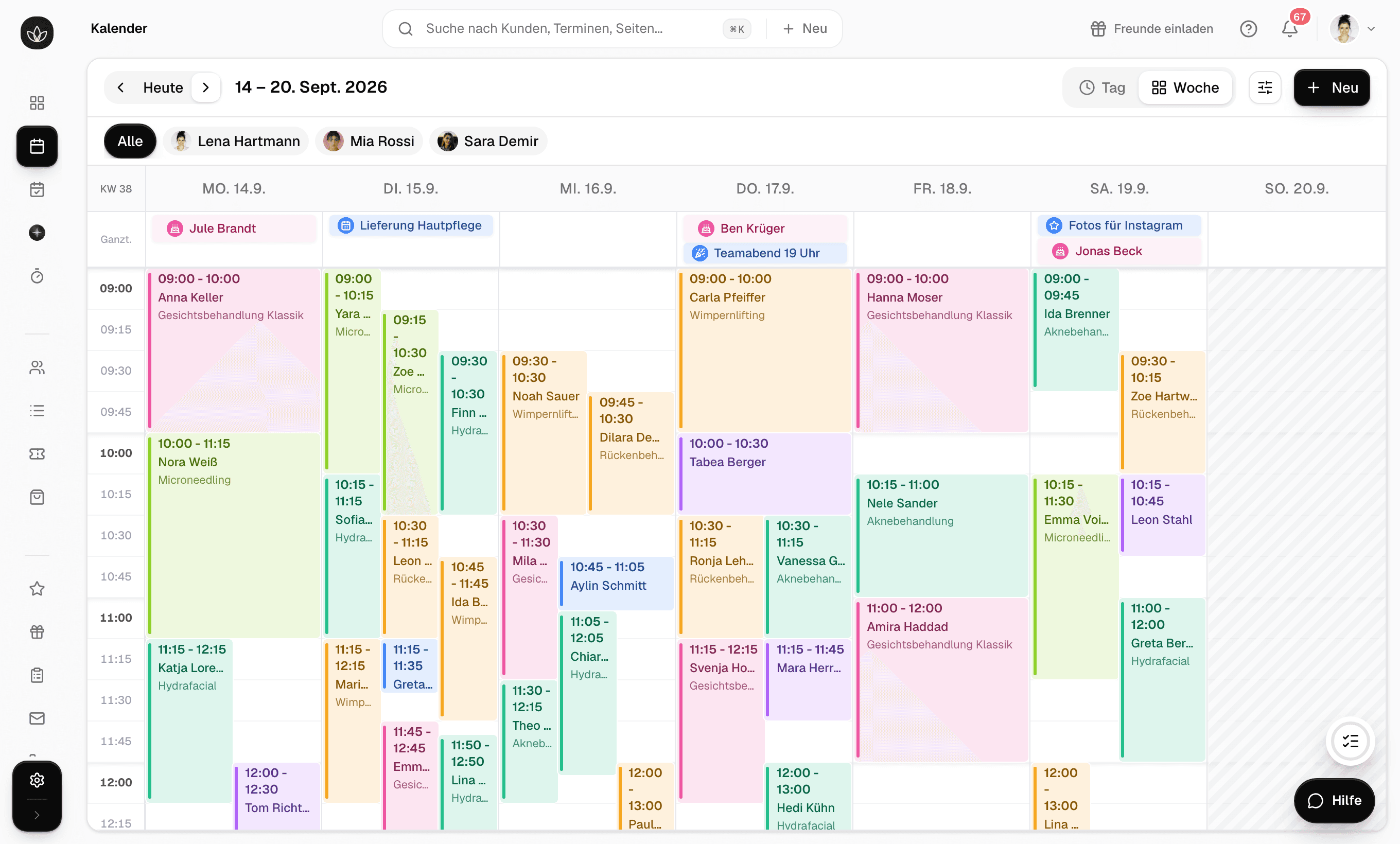 Das Damin-Dashboard: Kalender einer Woche im Studio Lumen mit Terminen von drei Mitarbeiterinnen