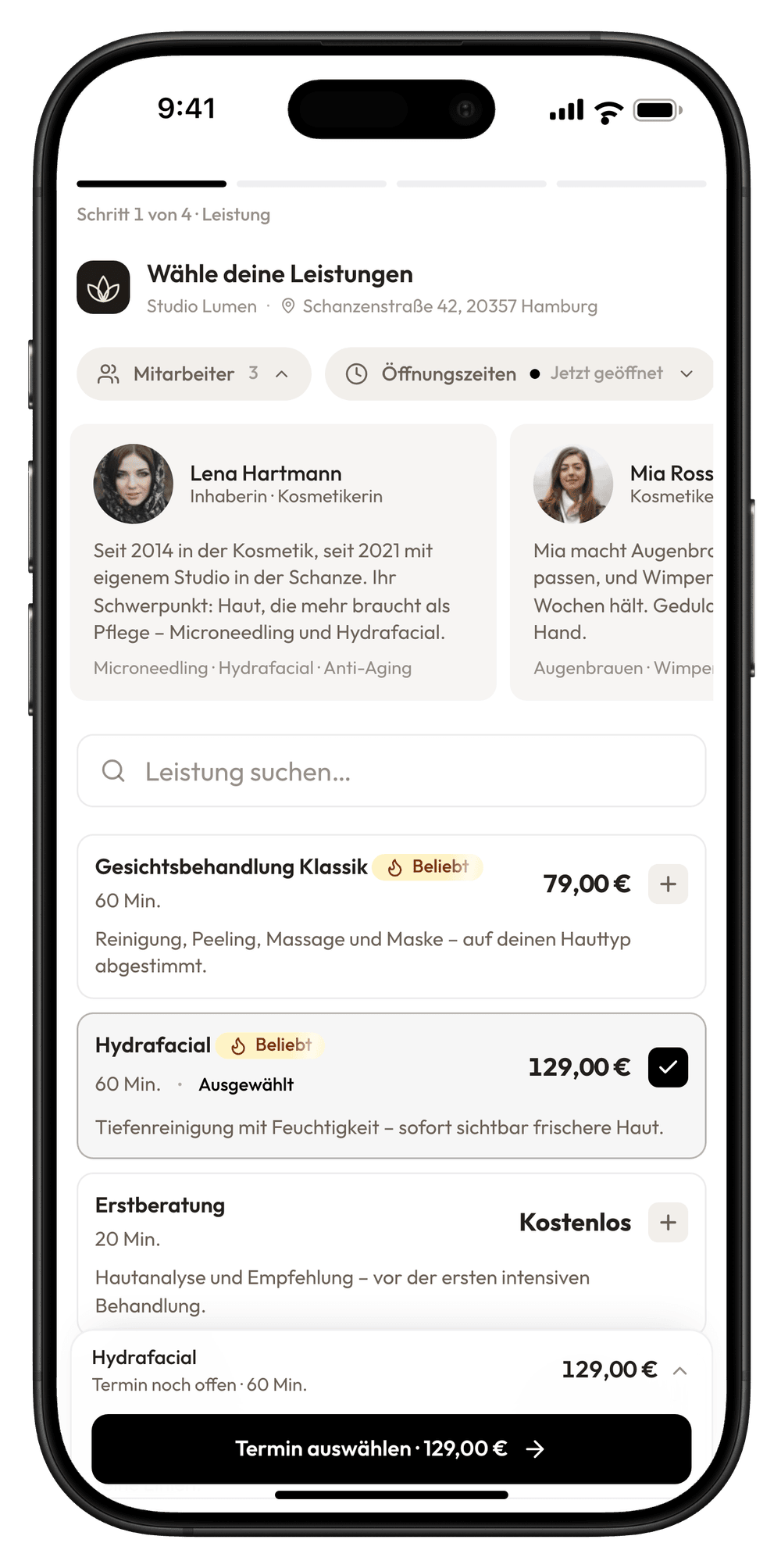 Die Online-Buchung von Studio Lumen auf dem iPhone: Leistung wählen – nur dieser Salon, keine anderen daneben