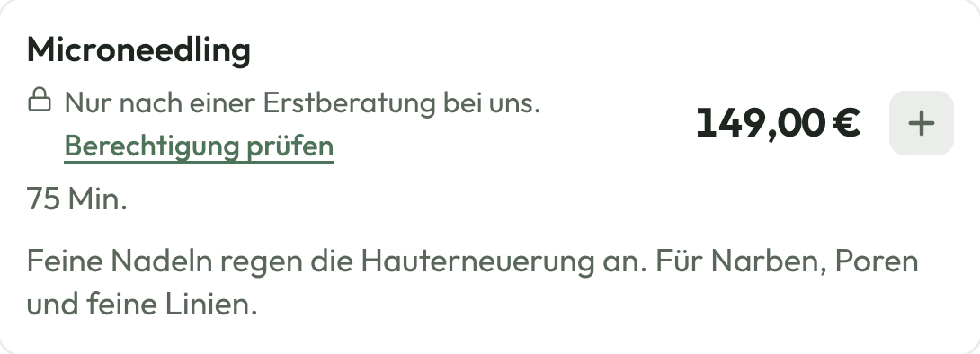 Buchungsseite des Beispielsalons: Microneedling, 149 €, „Nur nach einer Erstberatung bei uns“ mit dem Link „Berechtigung prüfen“