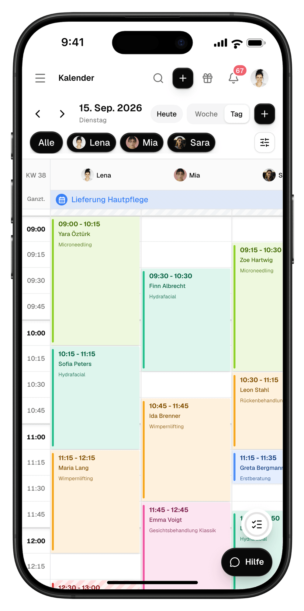 Das Damin-Dashboard auf dem iPhone: Tagesansicht mit den Terminen von drei Mitarbeiterinnen