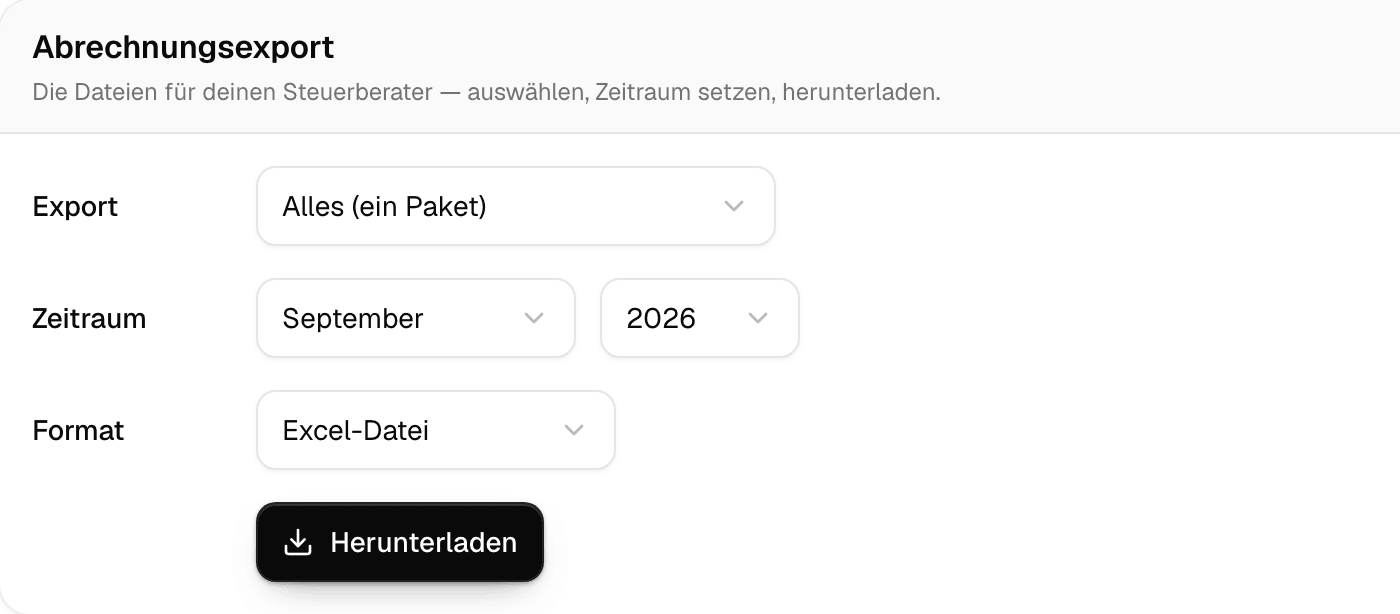 Buchhaltung → Export in Damin: Export „Alles (ein Paket)“, Zeitraum September 2026, Format Excel-Datei, Knopf Herunterladen