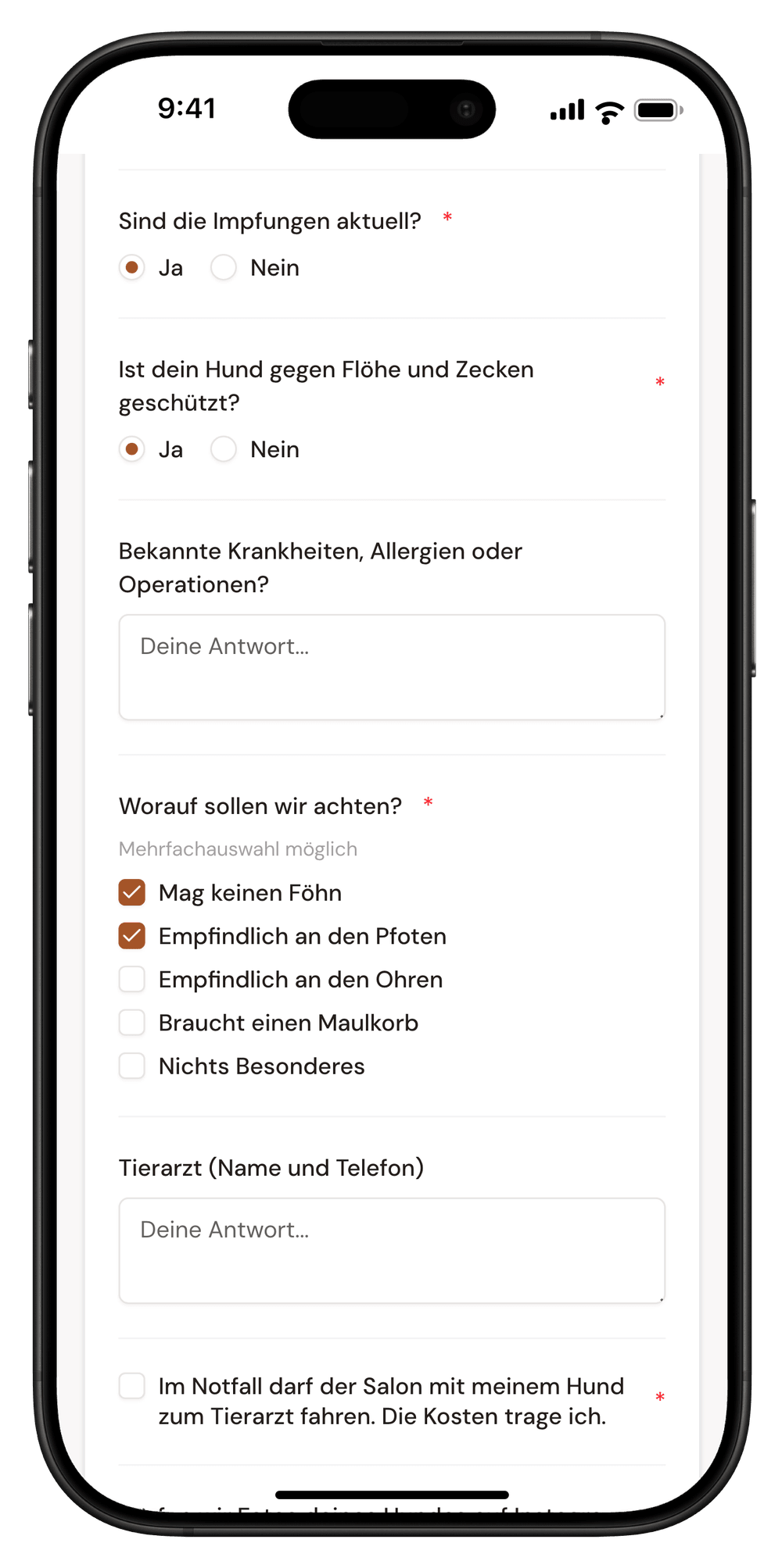 Der Aufnahmebogen für Hunde auf dem iPhone: „Sind die Impfungen aktuell?“ mit Ja, „Ist dein Hund gegen Flöhe und Zecken geschützt?“ mit Ja, „Worauf sollen wir achten?“ mit „Mag keinen Föhn“ und „Empfindlich an den Pfoten“ angehakt, darunter das Feld für den Tierarzt und das Notfall-Einverständnis