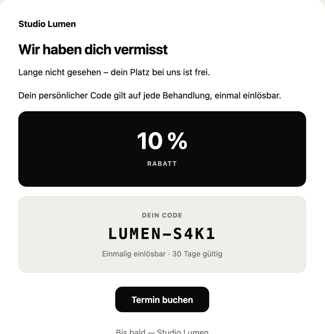 Ein Rundschreiben von Studio Lumen: „Wir haben dich vermisst“ mit Rabatt-Karte 10 %, persönlichem Code und dem Knopf „Termin buchen“