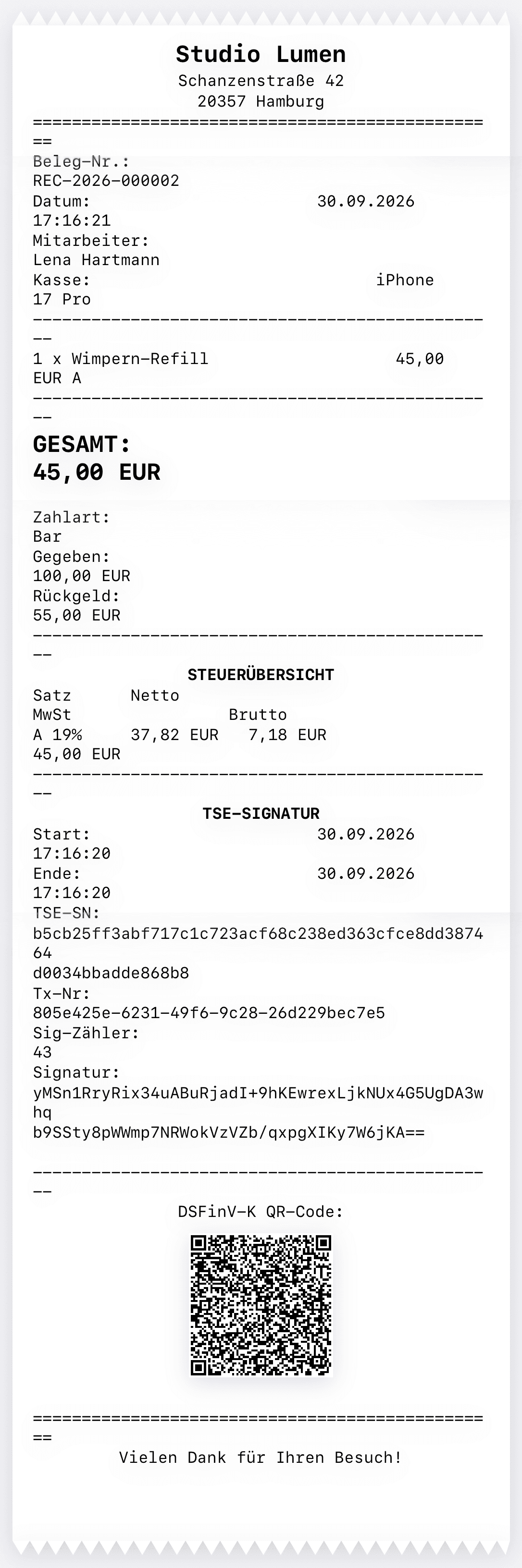 Ein Kassenbon aus der Kassen-App: Studio Lumen, Schanzenstraße 42, 20357 Hamburg, Beleg-Nr. REC-2026-000002, 1 × Wimpern-Refill 45,00 €, Gesamt 45,00 €, bar bezahlt