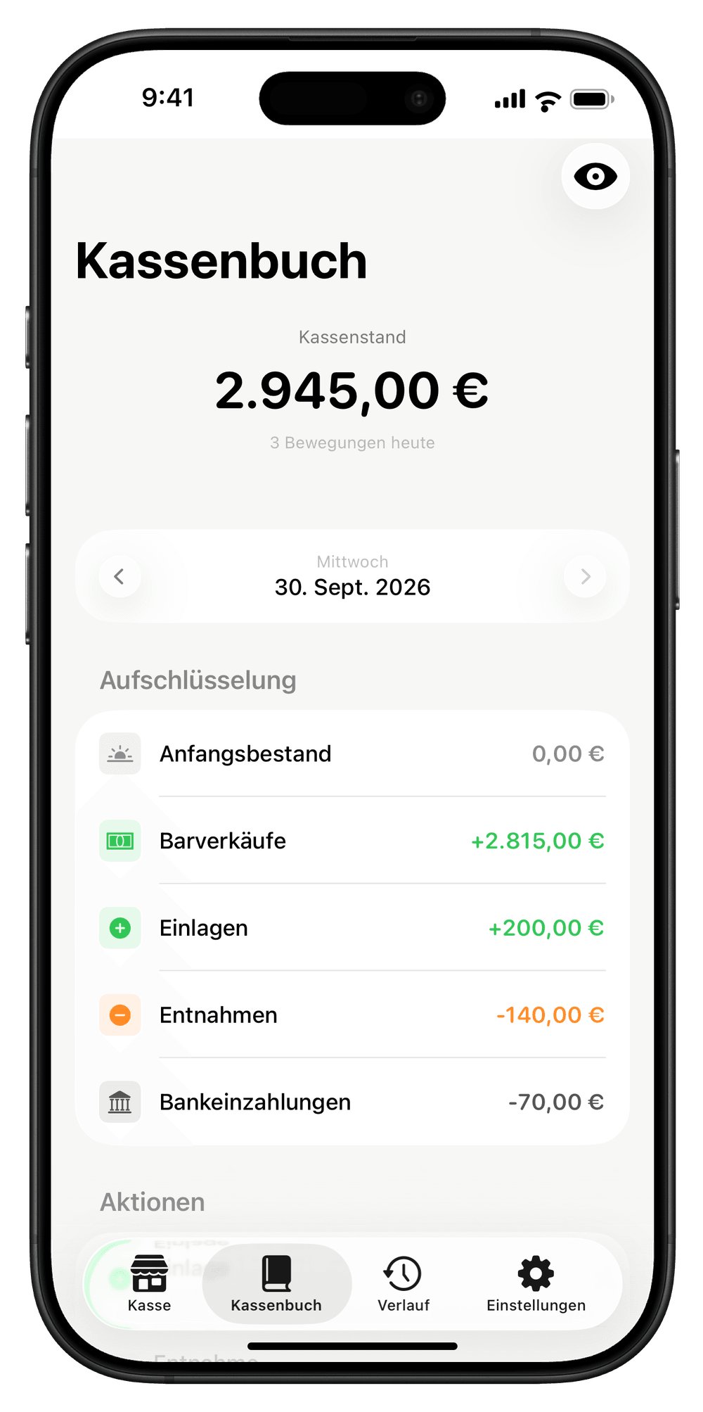 Das Kassenbuch in der Kassen-App am iPhone: Kassenstand 2.945,00 €, 3 Bewegungen heute, darunter Anfangsbestand, Barverkäufe, Einlagen, Entnahmen und Bankeinzahlungen