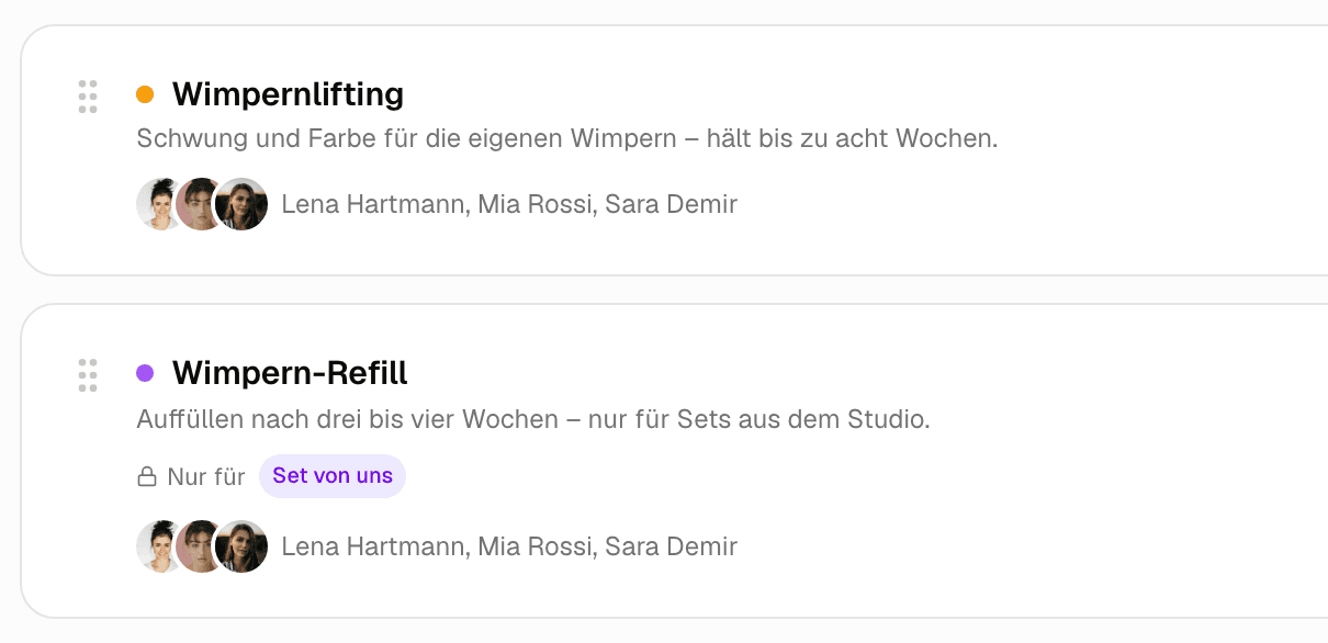 Leistungen in Damin: Wimpernlifting 59 € und Wimpern-Refill 45 € mit der Regel „Nur für: Set von uns“