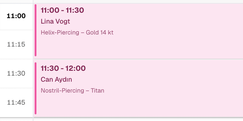 Der Kalender in Damin, Tagesansicht: 11:00 – 11:30 Lina Vogt, „Helix-Piercing – Gold 14 kt“, direkt danach 11:30 – 12:00 Can Aydın, „Nostril-Piercing – Titan“