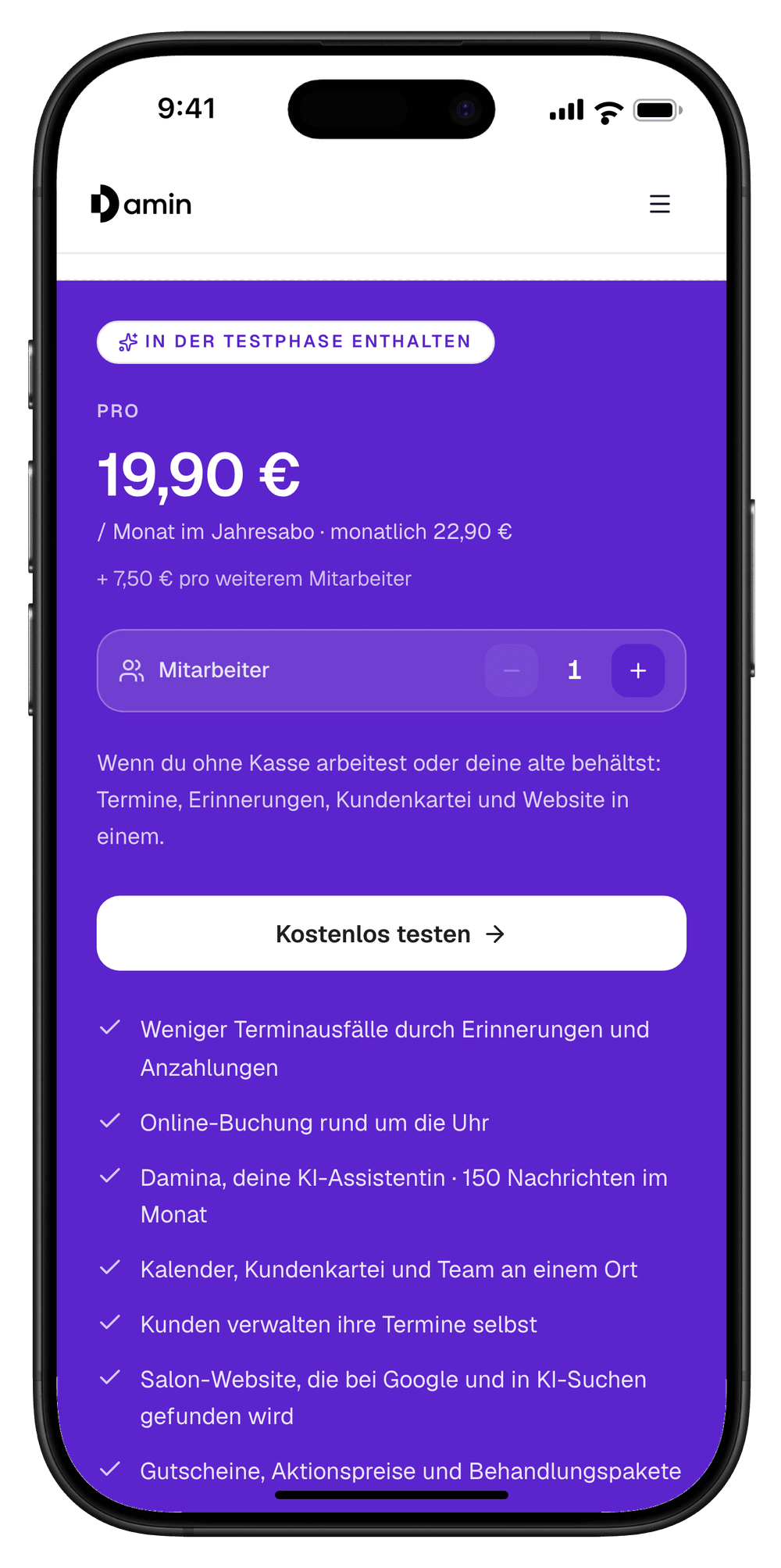 Die Preisseite von Damin auf dem iPhone: Pro 19,90 € im Monat im Jahresabo, monatlich 22,90 €, plus 7,50 € je weiterem Mitarbeiter, darunter der Knopf „Kostenlos testen“