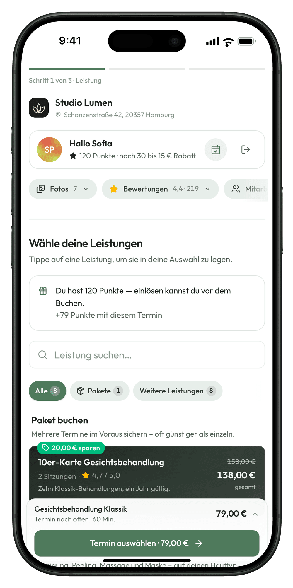 Die Online-Buchung von Studio Lumen auf dem iPhone: „Hallo Sofia, 120 Punkte, noch 30 bis 15 € Rabatt“ und der Hinweis „+79 Punkte mit diesem Termin“
