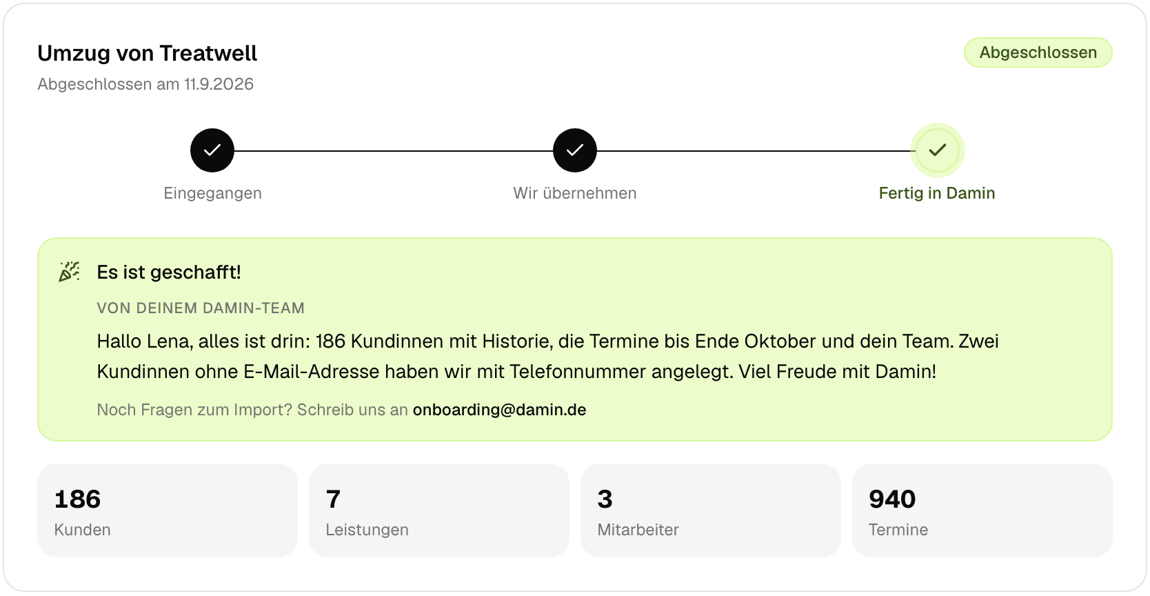 Die Seite „Daten importieren“ im Dashboard des Beispielsalons: Umzug von Treatwell, abgeschlossen am 11.9.2026, die drei Stationen Eingegangen, Wir übernehmen und Fertig in Damin, darunter die Nachricht des Damin-Teams „Hallo Lena, alles ist drin: 186 Kundinnen mit Historie, die Termine bis Ende Oktober und dein Team.“ und die Kacheln 186 Kunden, 7 Leistungen, 3 Mitarbeiter, 940 Termine