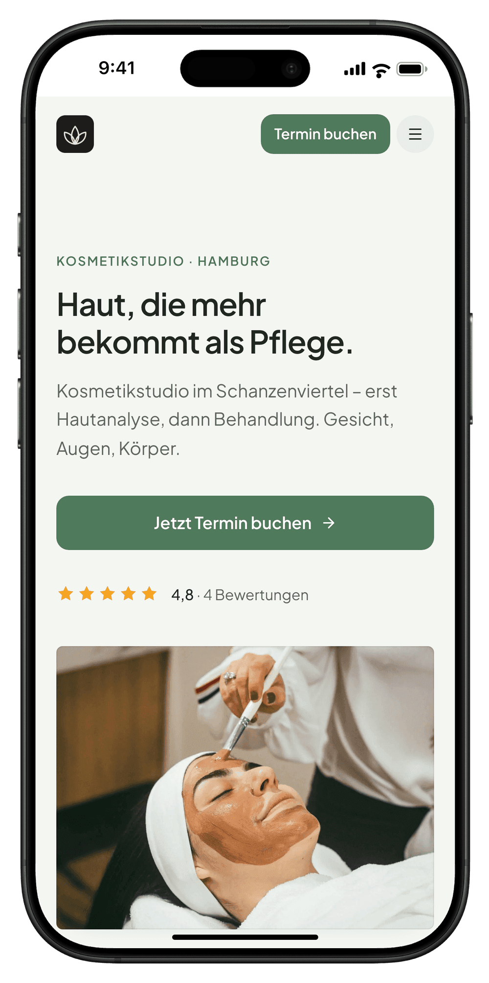 Die Salon-Website von Studio Lumen auf dem iPhone: Foto, Aussage, Bewertung, Buchungsknopf