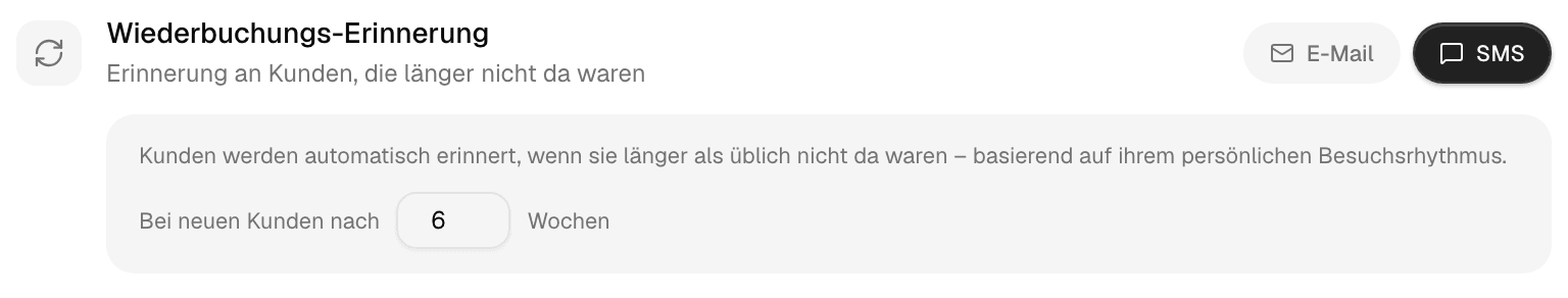 Einstellungen → Benachrichtigungen in Damin: „Wiederbuchungs-Erinnerung“ mit eingeschalteter SMS, darunter „Kunden werden automatisch erinnert, wenn sie länger als üblich nicht da waren – basierend auf ihrem persönlichen Besuchsrhythmus. Bei neuen Kunden nach 6 Wochen.“